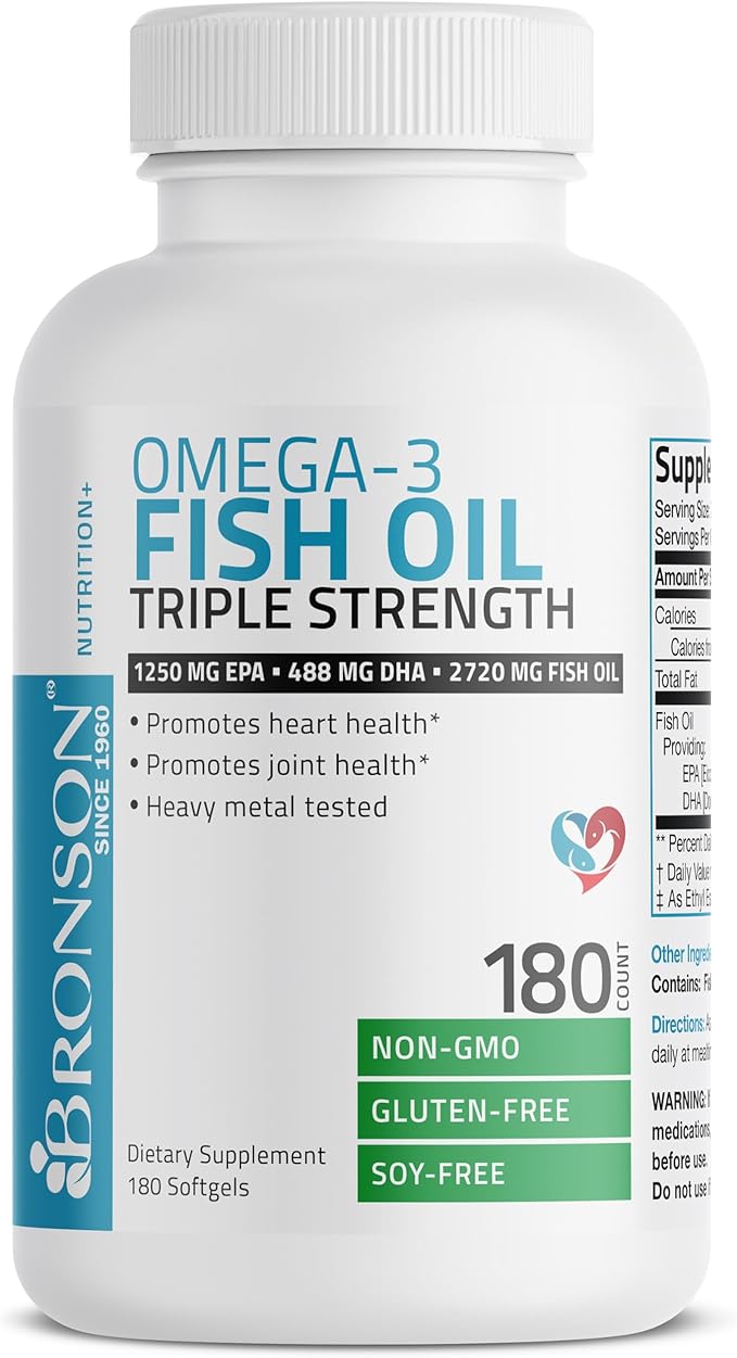 Bronson Omega 3 Fish Oil Triple Strength 2720 mg High EPA 1250 mg DHA 488 mg Non-GMO Heavy Metal Tested 180 Softgels