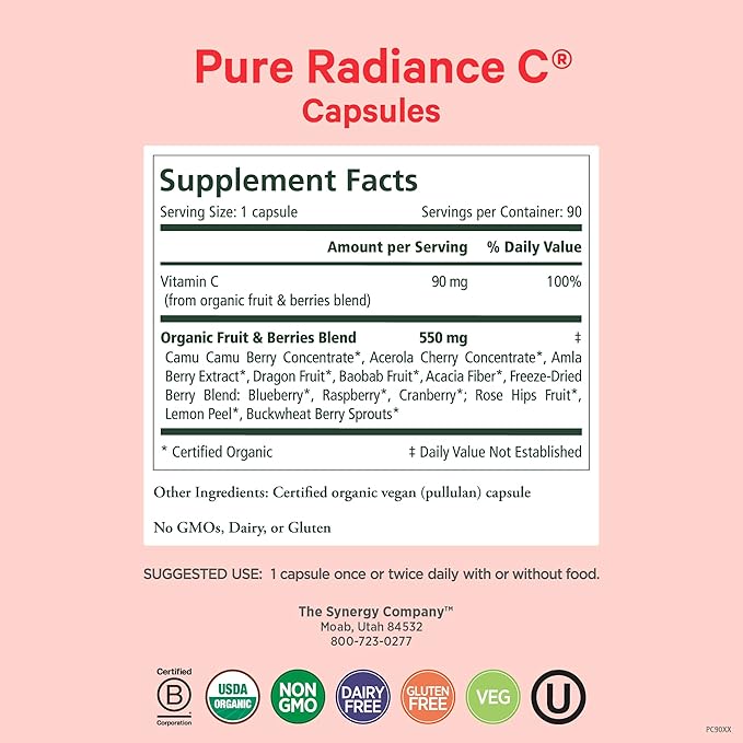PURE SYNERGY Pure Radiance C | Organic Vitamin C Capsules | 100% Natural Whole Food Non-GMO Supplement with Organic Camu Camu | for Immune and Collagen Support (90 Capsules)