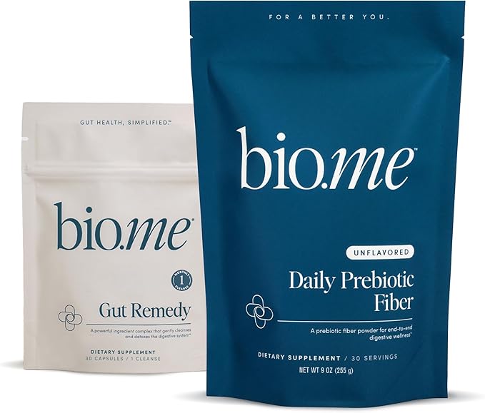 Bio.me Daily Prebiotic Fiber &amp Gut Cleanse Bundle - Unflavored Fiber Powder (30 Servings) + 5-Day Cleanse Capsules w/Magnesium Berberine L-Glutamine - Digestive Support Microbiome Reset (30 Cap