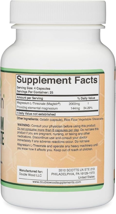 Magnesium L Threonate Magtein Sleep and Cognitive Support – High Absorption – Most Bioavailable Form of Magnesium – 2000 mg – 120 Capsules