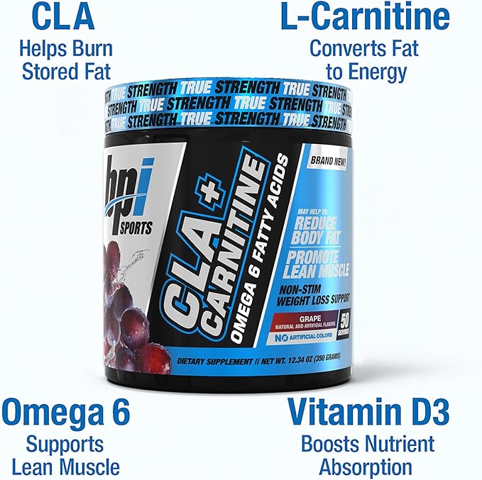 BPI Sports CLA+Carnitine – CLA L Carnitine &amp Linoleic Acid – L Carnitine Supplement for Weight Loss Metabolism &amp Lean Muscle – Caffeine Free – Grape – 50 Servings – 12.34 oz