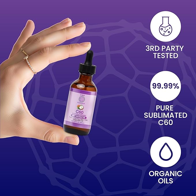 C60 Power C60 in Organic MCT Coconut Oil - Natural Wellness &amp Antioxidant Support for Men &amp Women 99.99% Pure Carbon Fullerenes Promotes Energy Mental Clarity &amp Stamina - 2 fl oz Bottl
