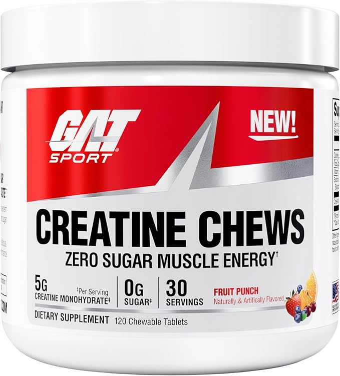 GAT SPORT Creatine Chews Zero Sugar 5g Pure Creatine Monohydrate 3rd Party Tested Brain Health Muscle Strength Anti-oxidant Support for Men &amp Women 30 Servings (Fruit Punch)