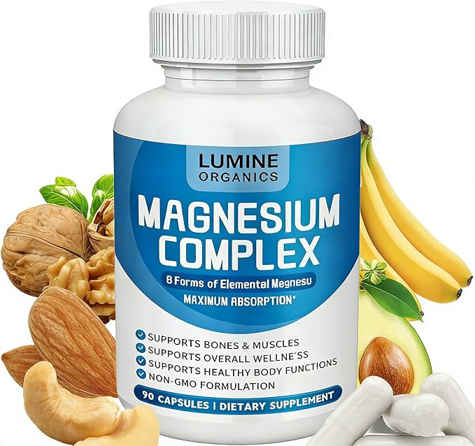 1PCSLumine Organics Magnesium Complex Magnesium Complex for Women Supplement 1000mg - Advanced 8-in-1 Magnesium Blend - GlycinateCitrateMalateTaurate90 Capsules (1)