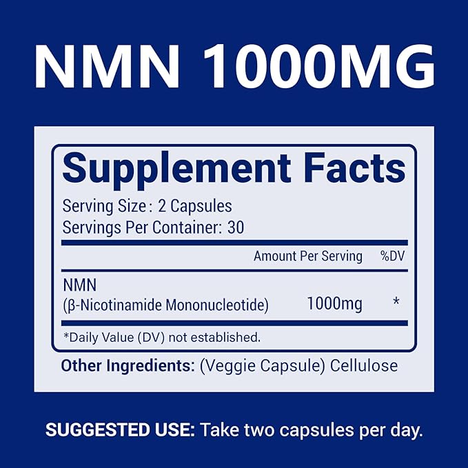 NMN 1000mg Per Serving Maximum Strength - 99% Pure NMN (Nicotinamide Mononucleotide) for NAD Cell Immune Energy Anti-Aging &amp Longevity Stabilized NMN Supplements 1000mg - 60 Veggie Capsules