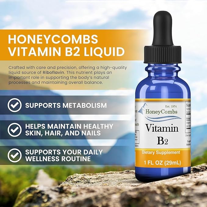 HoneyCombs Vitamin B2 Riboflavin Liquid Drops - Made in The USA - Natural High Potency Fast Absorption Vitamin B2 for Men Women &amp Children - Vegan Formula - Bulk Sizes Also Available