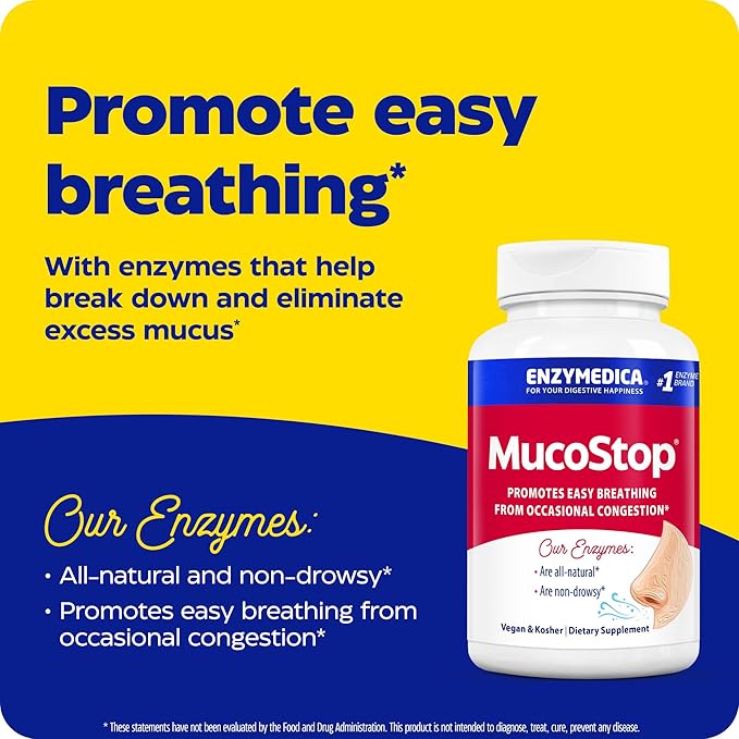 Enzymedica MucoStop Natural Enzyme Supplement Relieves Seasonal or Occasional Congestion Supports Easy Breathing 48 Count