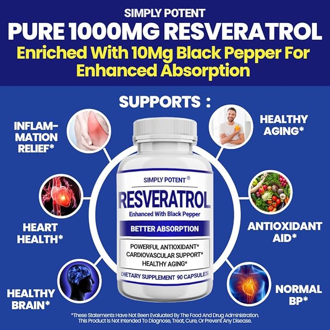 Simply Potent Resveratrol 1000mg Supplement with Black Pepper for Max Absorption Antioxidant &amp Anti-Aging Pills for Heart Immune &amp Skin Health 90 Capsules