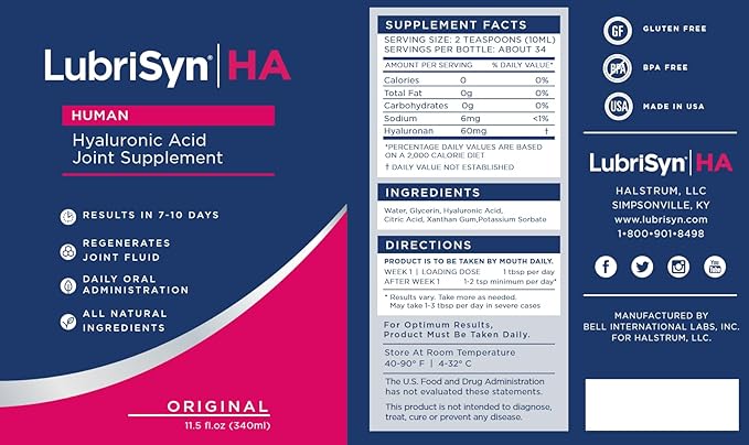 Lubrisyn Hyaluronic Acid Oral Joint Supplement – Liquid HA Formula for Humans – Promotes Joint Support Mobility Flexibility Hydration &amp Healthy Function for Men &amp Women – Original 11.5oz