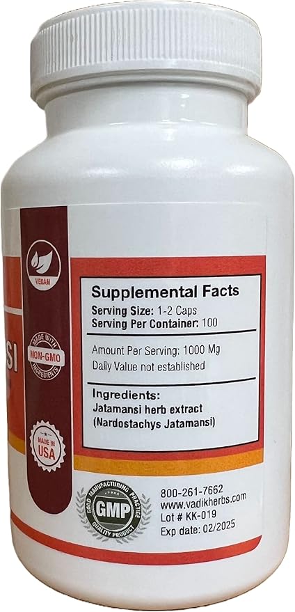 Vadik Herbs Certified Organic Jatamansi Spikenard Root (Nardostachys jatamansi) Powder | (100 Vegicaps) | Made with Potent Extract Powder | 1 Cap Daily ~ Over 3 Month Supply