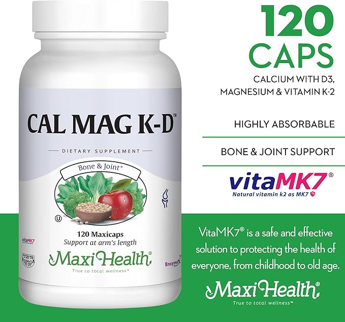 Maxi Health Men and Women 500 mg Calcium Supplement with Vitamin D3 (2000 IU) Magnesium (250 mg) and Vitamin K2 (150 mcg) - Bone Teeth and Joint Support - 120 Capsules