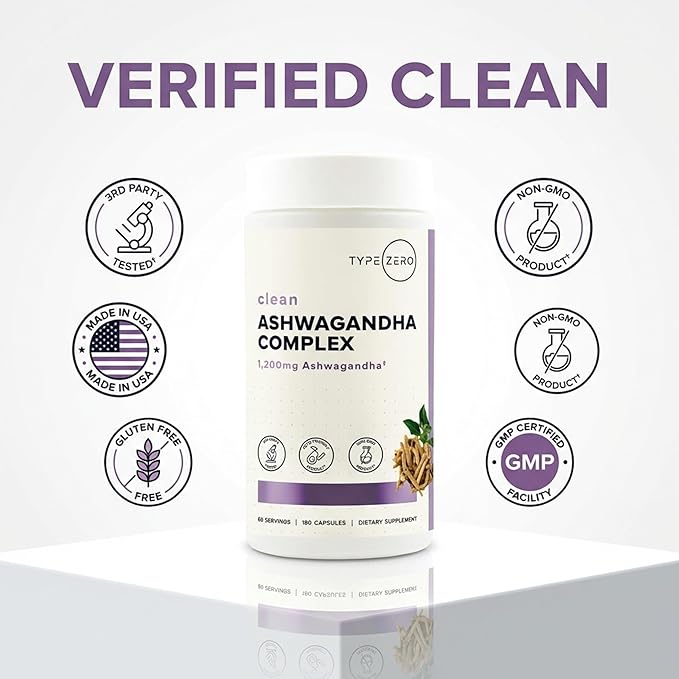 Type Zero KSM-66 Ashwagandha Root Extract 1200mg 60 Servings - High Potency 5% Withanolides - with Turmeric Rhodiola Rosea and BioPerine Black Pepper Extract - 180 Veggie Caps