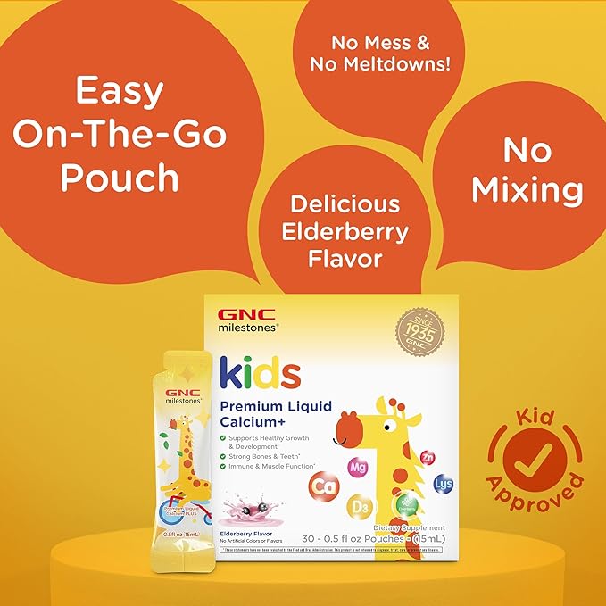 GNC Milestones Kids Premium Liquid Calcium+ Supplement Supports Healthy Growth &amp Development Strong Bones &amp Teeth for Kids 3 &amp Above Elderberry Flavor 30 Count