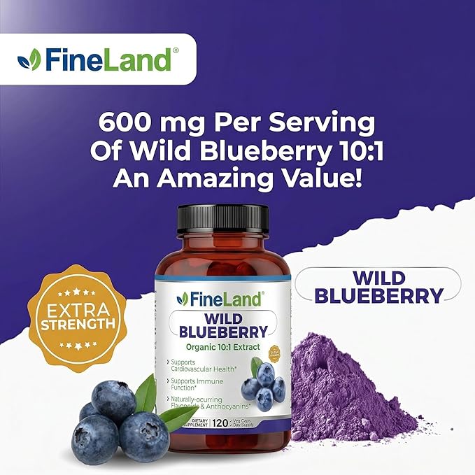 FineLand Wild Blueberry Extract Rich in Flavonoids &amp Anthocyanins Antioxidant Support for Brain &amp Heart Health 4-Month Supply 120 Vegan Capsules Non-GMO Made in USA