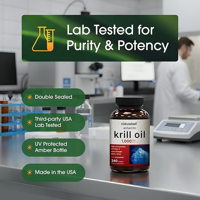 NatureBell Antarctic Krill Oil 1000mg - 240 Softgels - Omega-3 Heart Joint &amp Immune Health Support* - High EPA DHA with Astaxanthin - Non-GMO &amp Gluten-Free