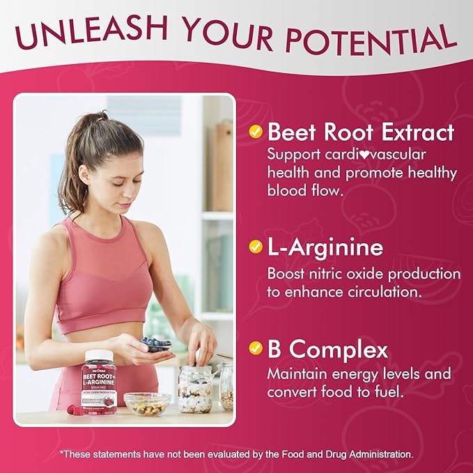 Beet Root Gummies Beetroot &amp L-Arginine Red Beets Supplements w/ Vitamin B1 B2 B3 B5 B6 Folate B12 for Energy Boost &amp Circulation Support Sugar Free Nitric Oxide Gummies 60 Beet Chew