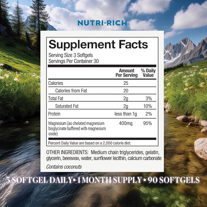 Nutri-Rich Magnesium Glycinate Chelate Magnesium 400mg for Better Sleep MCT Oil High Potency Easy Absorption Muscle Heart Health Relaxation Gluten Free No Soy No Artificial Additives