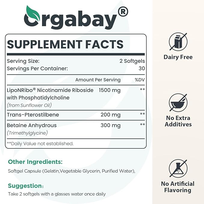 Orgabay Liposomal NAD+ Supplement 500 mg High Absorption Boost NAD+ with TMG 250 mg Actual NAD Plus More Efficient Than Nicotinamide Riboside Support Cellular Energy Healthy Aging | 120 Softgels