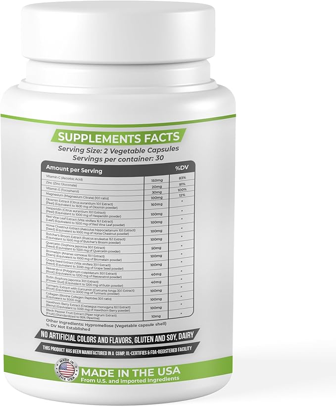 Dash of Vigor 18-in-1 Diosmin Hesperidin Supplement Quercetin with Bromelain Zinc Vitamin C with Rutin Supplement Horse Chestnut Extract Butcher's Broom Extract USA 60 Capsules