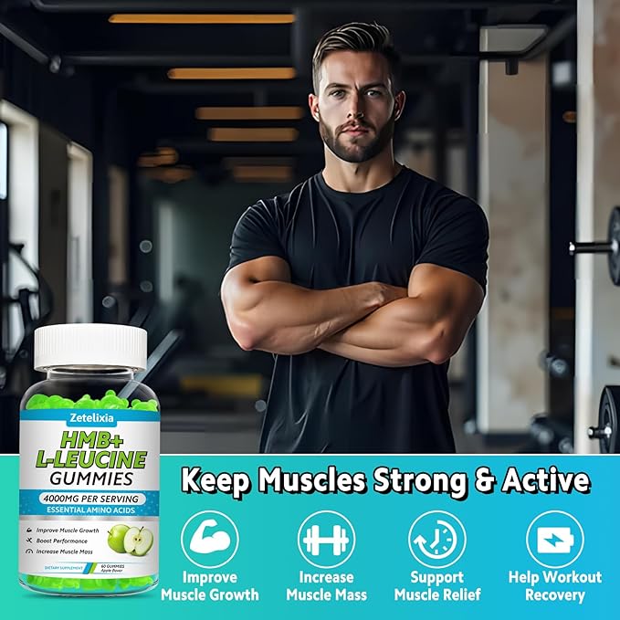 HMB and L-Leucine Gummies 4000mg HMB and Leucine Supplements Amino Acid Gummies for Men &amp Women Support Muscle Growth Muscle Relief and Workout Recovery Sugar-Free Vegan Apple Flavor 120 Co