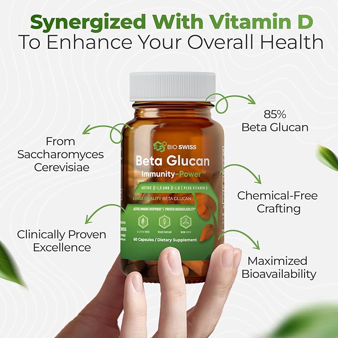 Bio Swiss Beta Glucan Immunity Power - 13D-16D Glucan with Vitamin D - Immune Support Supplement for Enhanced Defense and Wellness - Vegan Gluten-Free (60 Capsules)
