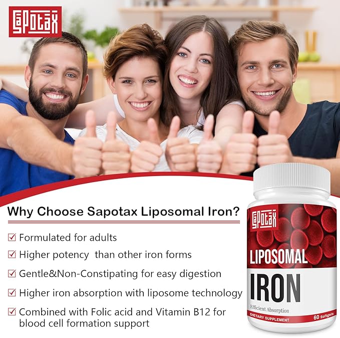 Liposomal Fe Iron Supplement for Women 65 mg Iron Supplement with Folic Acid &amp Vitamin B12 for Men Daily Blood &amp Energy Support for Adults Iron Deficiency 60 Softgels (1 Bottle)