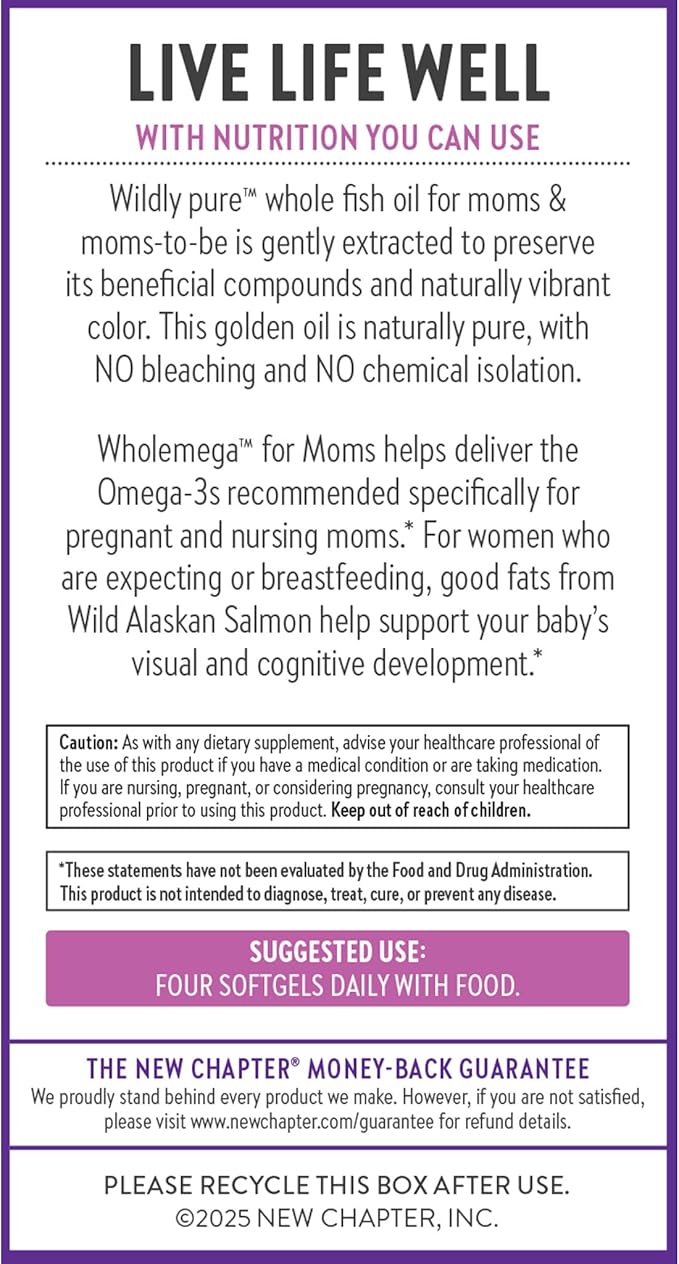 New Chapter Wholemega for Moms Fish Oil Supplement Tiny Capsules 2000mg per Serving Prenatal DHA with Omega-3 + Vitamin D3 for Prenatal &amp Postnatal Support 500mg Each - 180 Count