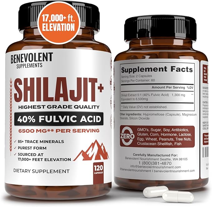 6500mg Shilajit for Men with 40% Fulvic Acid (High Absorption) | Shilajit Mineral Supplement with 85+ Trace Minerals for Energy Performance &amp Immune Health - 120 Capsules