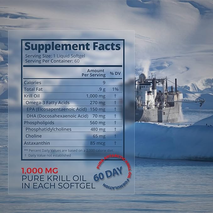 100% Pure Organic Antarctic Krill Oil 1000mg 120-Day Omega 3 Highest Concentration 56% Phospholipids EPA Choline Astaxanthin Wild Caught Sustainable Supports Heart Brain &amp Joints No Fish