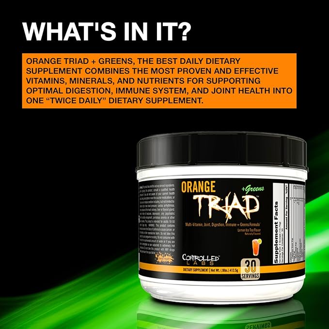 CONTROLLED LABS Orange Triad Plus Greens for Men and Women 30 Servings Iron Free Sports Supplement for Overall Health Multivitamin Digestion Immune System and Joint Health