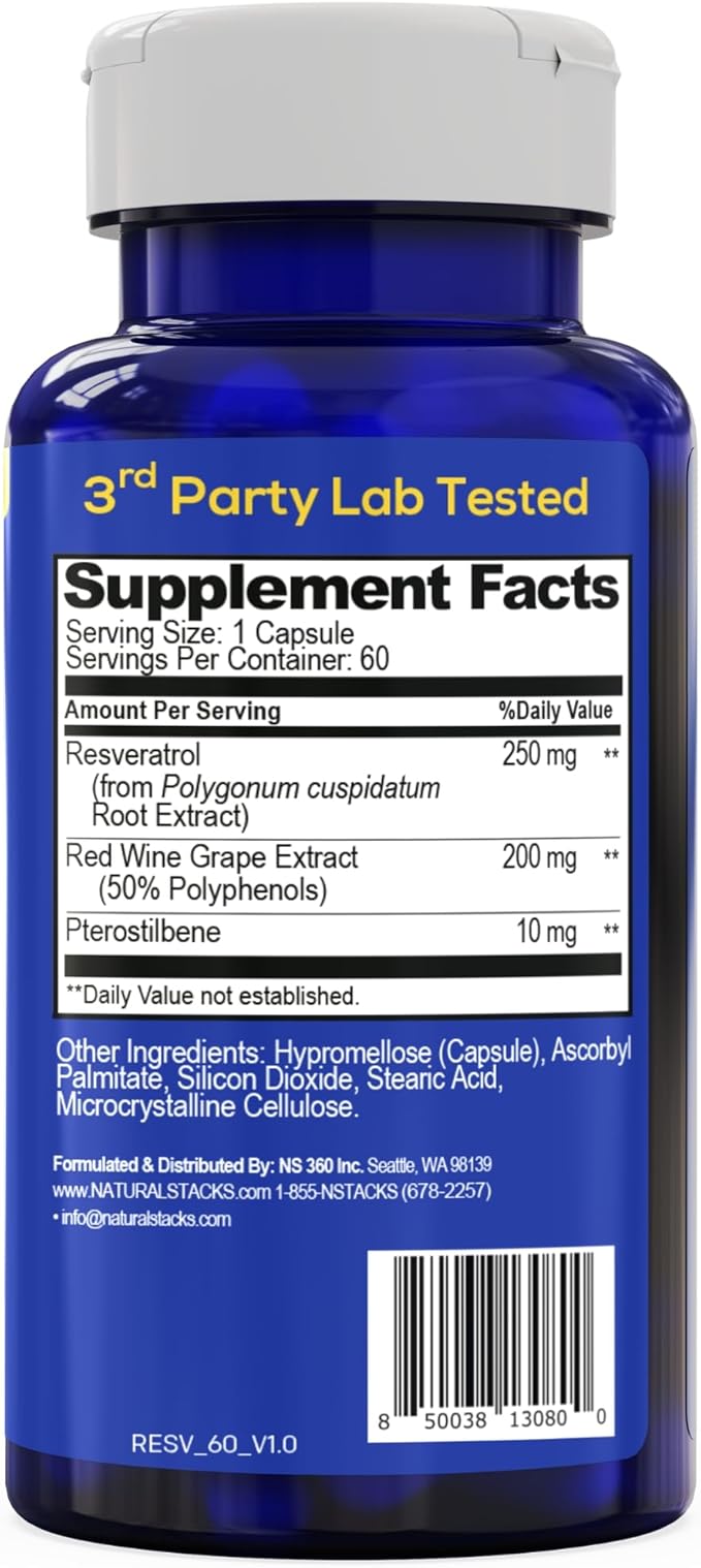 Resveratrol Supplement - 250mg Trans-Resveratrol &amp 10mg Trans-Pterostilbene - Antioxidants Supplement with 200mg Red Wine Extract - Extra Strength Aging Support - 60 Japanese Knotweed Capsules