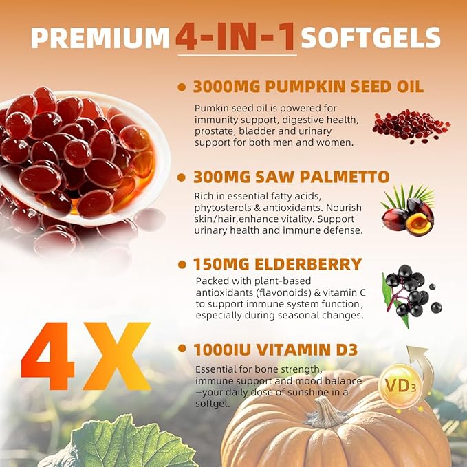 Pumpkin Seed Oil with Saw Palmetto 300 Softgels | 4 in 1 Vitamin D3 &amp Elderberry 3000mg Cold Pressed &amp Pure Virgin Oil | Supports Hair Urinary Bladder &amp Prostate Health Immune | Vegan