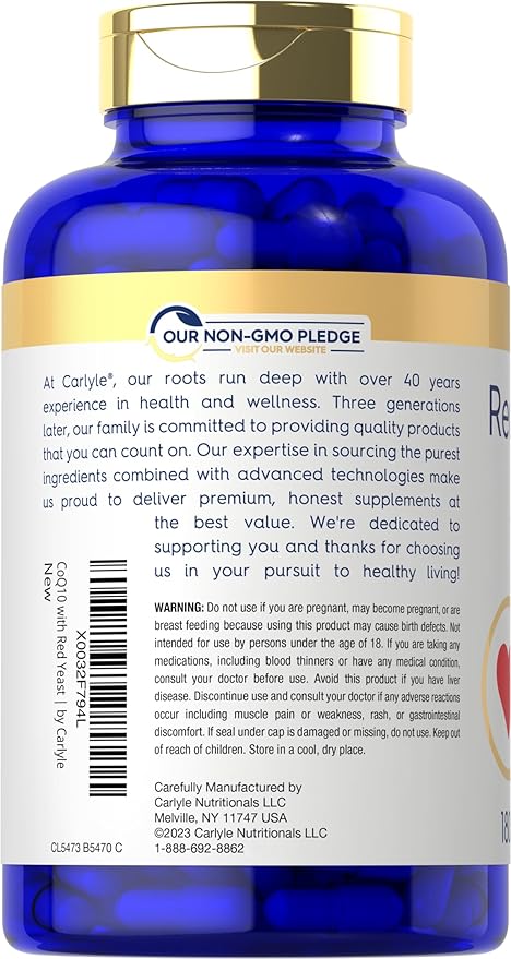 Carlyle Red Yeast Rice with CoQ10 Complex | 1420 mg | 180 Capsules | Mega Q-Sorb | Non-GMO Gluten Free Supplement