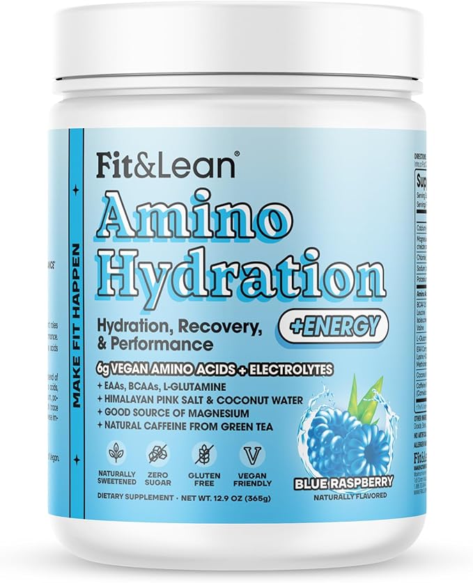 Fit&ampLean Amino Hydration Plus Energy Pre Workout Powder 6g Vegan Amino Acids Essential Amino Acids EAA BCAA Glutamine Electrolytes &amp Natural Caffeine Blue Raspberry 30 Serve