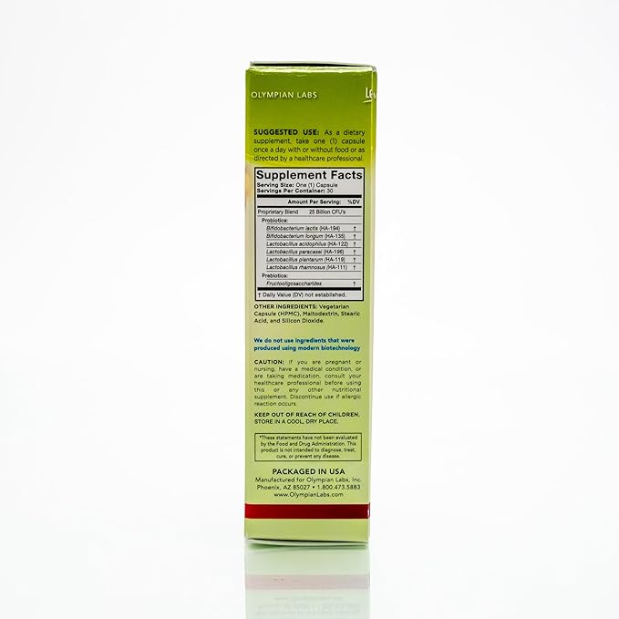 Olympian Labs Complete Prebiotic and Probiotic Supplement - 25 Billion Live Shelf Stable Cultures - 30 Vegetarian Capsules Helps Restore the Natural Balance Within the Digestive Tract.
