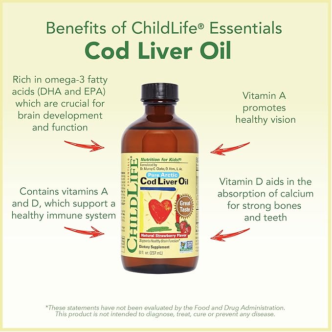 CHILDLIFE Essentials Cod Liver Oil for Kids - Liquid Arctic Cod Liver Oil for Babies 6+ Months Toddlers &amp Kids Added DHA EPA Omega-3 Fatty Acids - Strawberry 8 fl oz