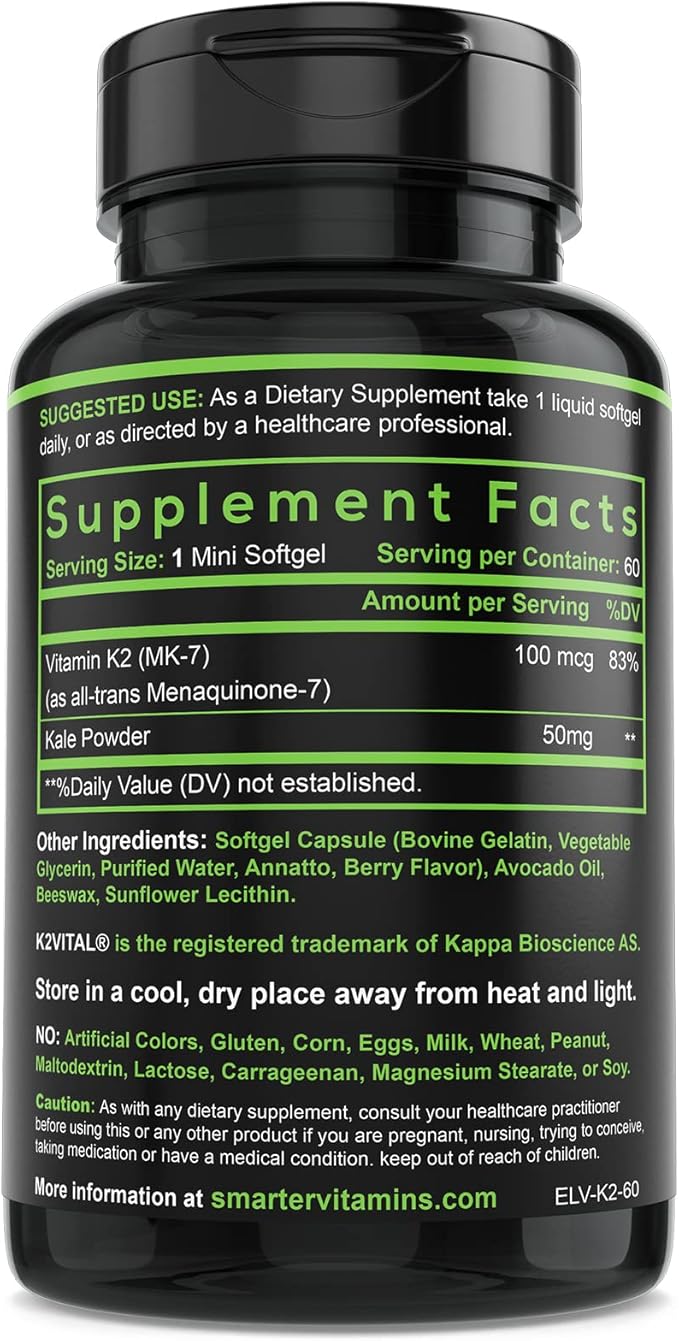 Smarter Vitamin K2 MK7 100mcg Made with K2VITAL and Kale 60 Liquid Softgels