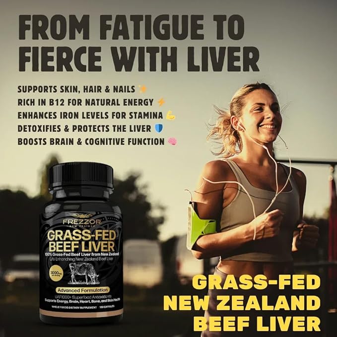 FREZZOR New Zealand 100% Live-Grass-Fed Beef Liver 180 Capsules Supports Energy Production Detoxification Digestion Immunity and Full Body Wellness Non-GMO 3000 mg per Serving