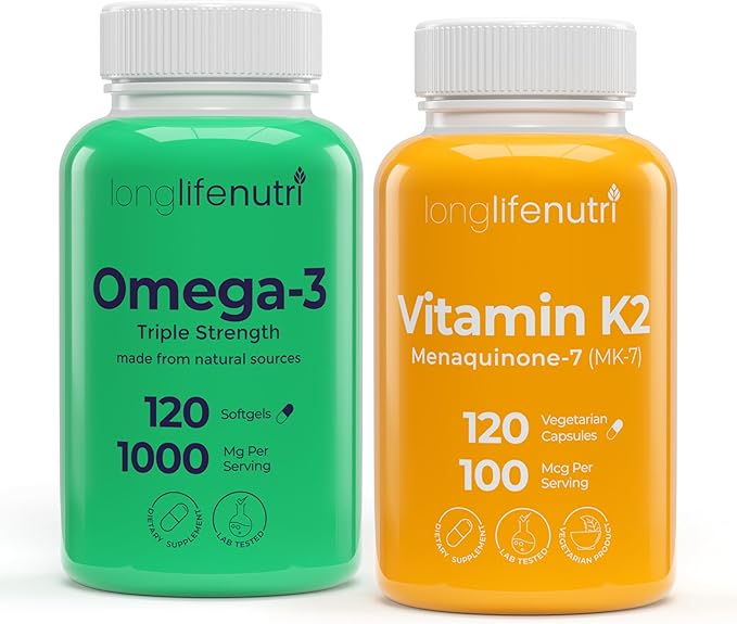 LongLifeNutri Omega-3 Fish Oil 1000 mg &amp Vitamin K2 MK-7 100 mcg Bundle – 120 Softgels + 120 Veg Capsules 4 Month Supply High EPA/DHA Omegas &amp Bone Support Non-GMO GMP Certified Made in U