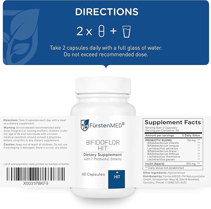 FürstenMED Bifidoflor HIT - Probiotic Supplement - Lactobacillus Salivarius Gasseri Rhamnosus &amp 4 Bifidobacterium Probiotic - Normal Gut Digestive Health Support - 60 Vegan Capsules