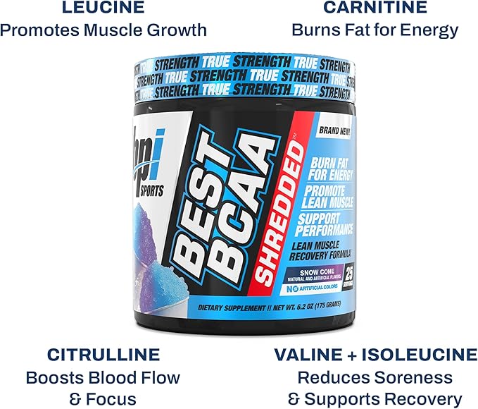 BPI Sports Best BCAA Shredded - Caffeine Free Thermogenic Recovery Drink Lean Muscle Building BCAA Powder For Women and Men Preworkout BCAAs Amino Acids Drink- Snow Cone - 25 Servings