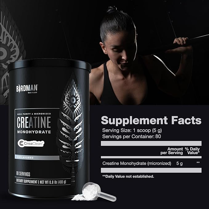 BIRDMAN Micronized Creatine Monohydrate Powder Muscle Recovery Caffeine Free Creatine Pre Workout Vegan Post Workout Gluten Free Sugar Free | 80 Servings (5 Grams Each) | 0.8lb