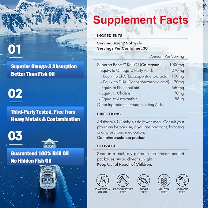 NYO3 Krill Oil 1000mg Omega 3 Supplement 56% Phospholipids for 98% Absorption Antarctic Superba Boost Krill Oil High EPA &amp DHA for Heart Brain Blood Lipid Health No Fishy Burps 60 Softgels