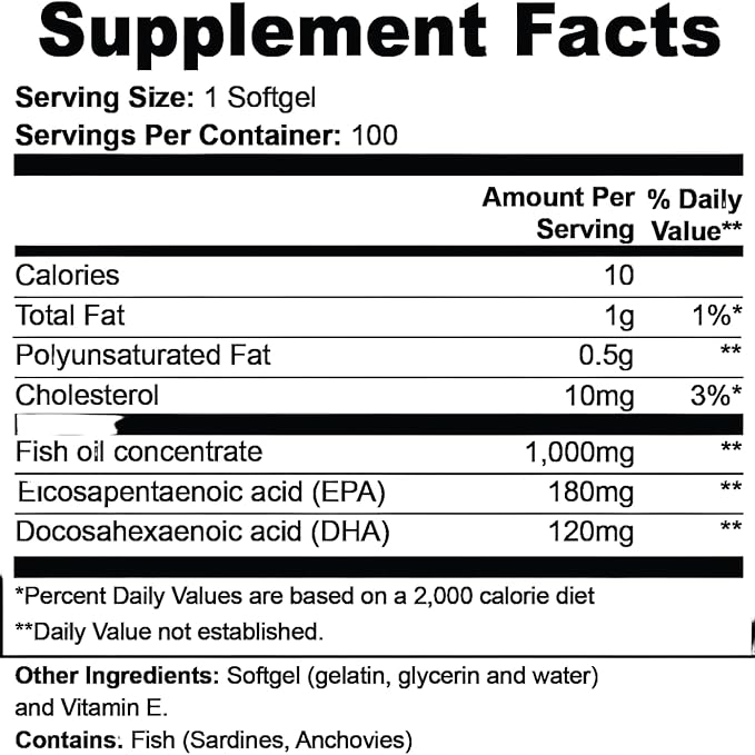 Premium Omega-3 Triple Strength Fish Oil 1000mg - EPA 180mg DHA 120mg - Wild-Caught Deep Sea Fish - Molecularly Distilled Burpless - 100 Softgels - Made in USA