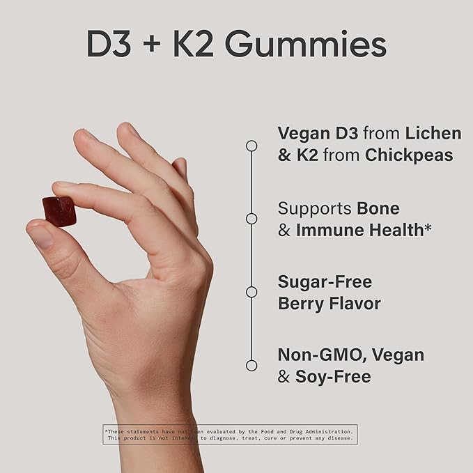 Sports Research® Vegan Vitamin D3 + K2 Sugar-Free Gummies - 125mcg (5000iu) Vitamin D w/ 100mcg Mk7 Vitamin K - Supports Bone &amp Immune Health* - Vegan Certified · Non-GMO · Soy Free - 60 Count