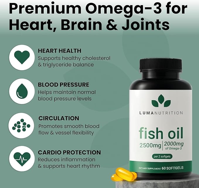 Luma Nutrition Omega 3 Fish Oil Supplement - Extra Strength 2500mg Per Serving - 2000mg EPA &amp DHA Per Serving - Brain and Heart Health - 60 Softgels 30 Servings