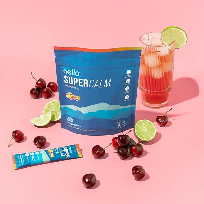 Nello Supercalm Powdered Drink Mix Cortisol Reducer* and Sleep Aid Supplement L Theanine Ksm-66 Ashwagandha Magnesium Glycinate Vitamin D 3 No Sugar Non GMO On The Go 20 Ct Cherry Limeade