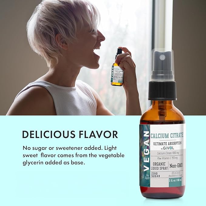 Liquid Calcium Citrate 1000mg &amp Raw Vitamin C 150mg Liquid Spray Mist for Easy Absorption Wild Cherry &amp BlackBerry Flavor Calcium Supplement Non-GMO Gluten Free Sugar-Free 2oz (60ml)