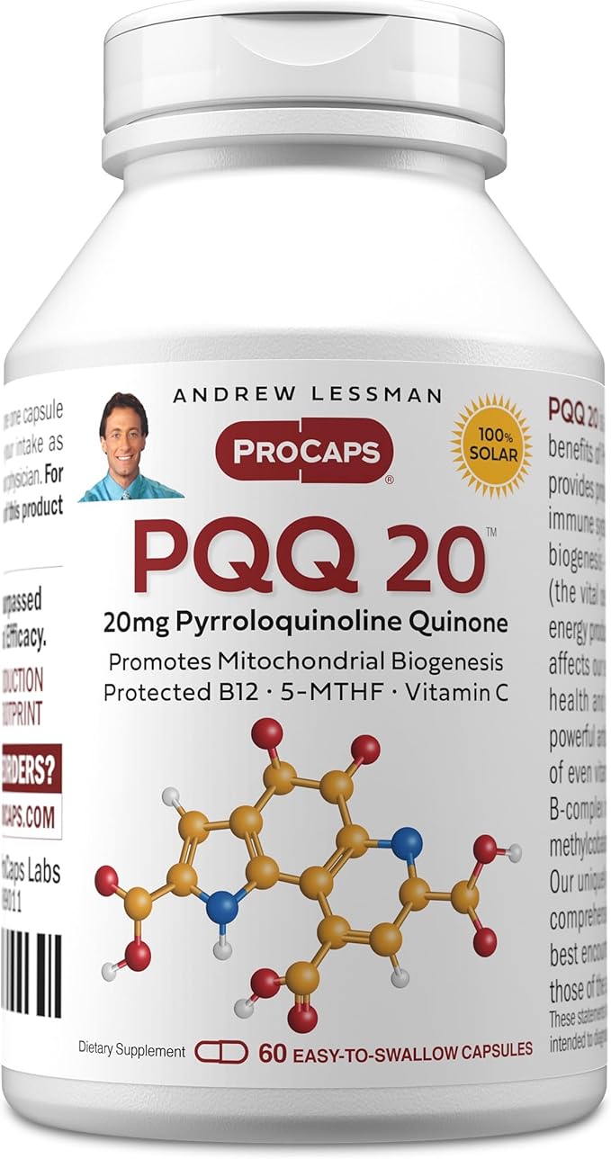 ANDREW LESSMAN PQQ 20mg - 60 Capsules - 20mg Pyrroloquinoline Quinone Natural Protective Compound Supports Vital Organs Heart Brain Liver Immune System. Mitochondrial Biogenesis No Additives