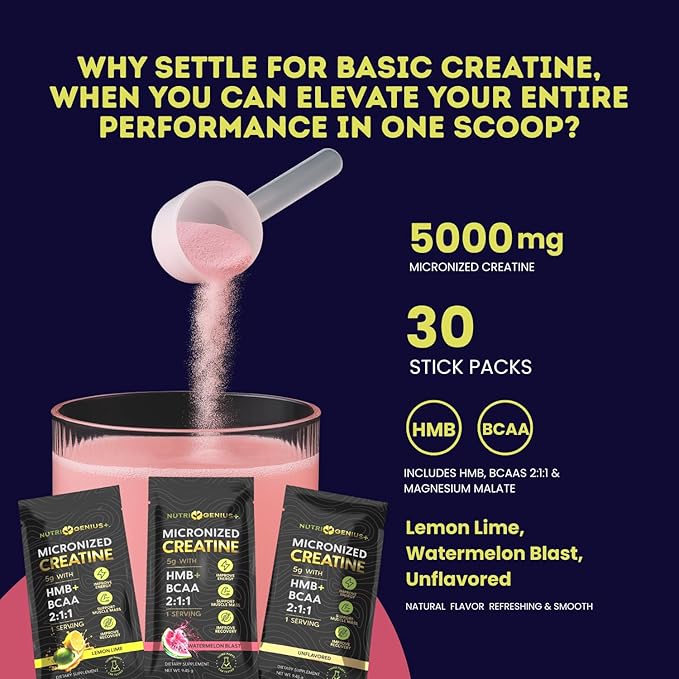 Nutri Genius Creatine Monohydrate 5g Stick Packs | BCAA 2:1:1 + HMB Pre &amp Post Workout Supplement | Muscle Energy Strength &amp Recovery | 30 Servings